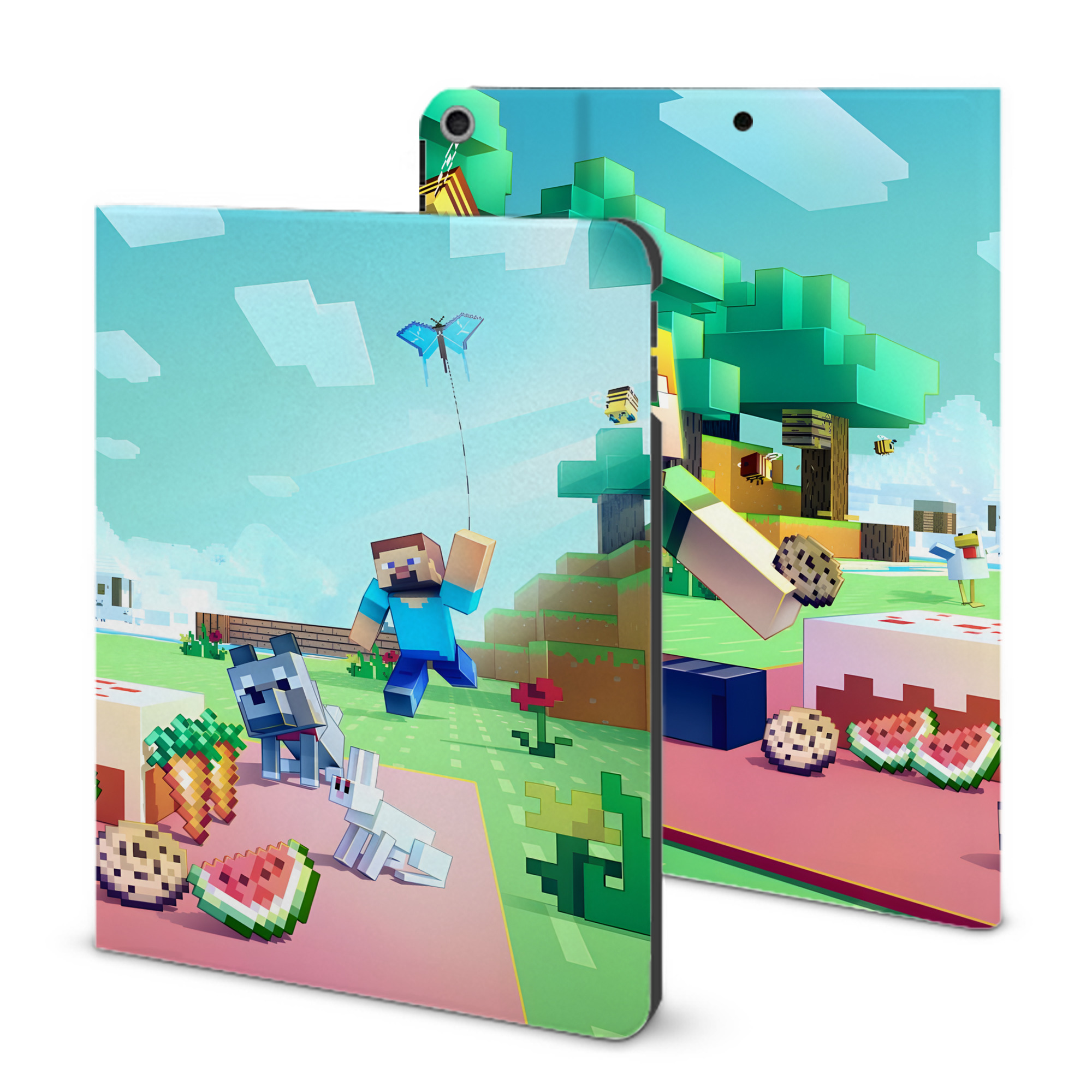 （画像用） マインクラフト ブロックの世界 Minecraft MC Block world IPad ケース ブック型 PUレザー TPU 耐衝撃 軽量 薄型 ペン収納なし 全面保護 IPad 各モデル対応